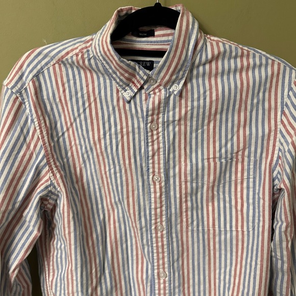 J Crew Slim Fit Flex Oxford Button Down Shirt Mens Size S Red Blue Stripe - Picture 2 of 9